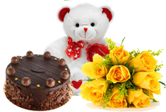Yellow Roses, Chocolate Cake and Teddy Bear