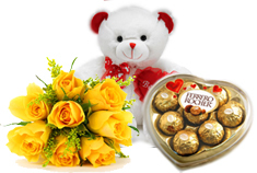 Yellow Roses, Ferrero Rocher Box and Teddy Bear